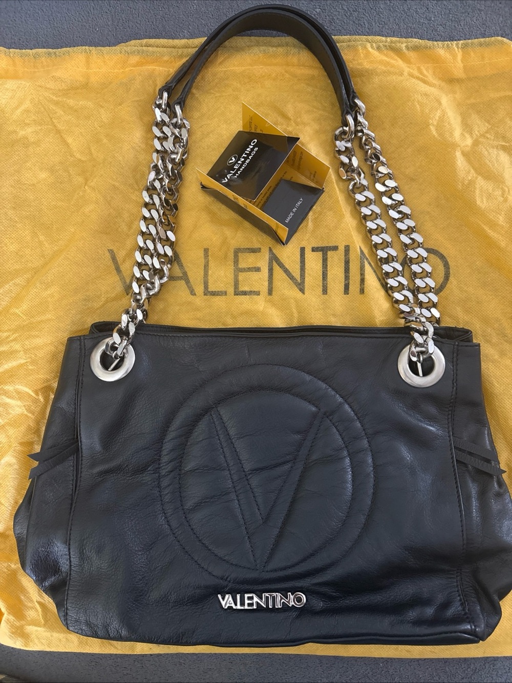 Valentino Black Leather Shoulder Bag with Silver Chain Handles